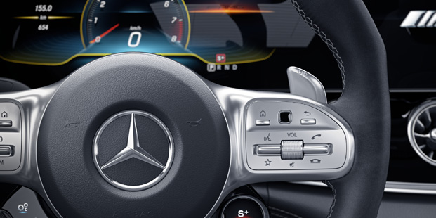 Mercedes-Benz Mercedes-AMG GT 63 S 4MATIC+ — Digital instrument cluster with AMG steering wheel, paddle shifters and S+ drive-mode control
