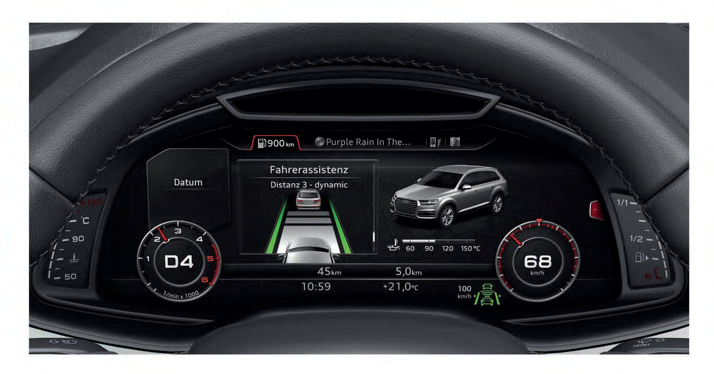 Audi Q7 — Adaptive cruise assist maintains distance to the vehicle ahead, shown in the driver display