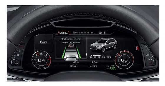 Audi Q7, Adaptive cruise assist maintains distance to the vehicle ahead, shown in the driver display