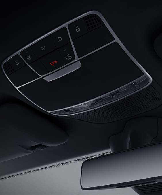 Mercedes-Benz G-Class — Overhead control console with the red SOS button for the emergency call system
