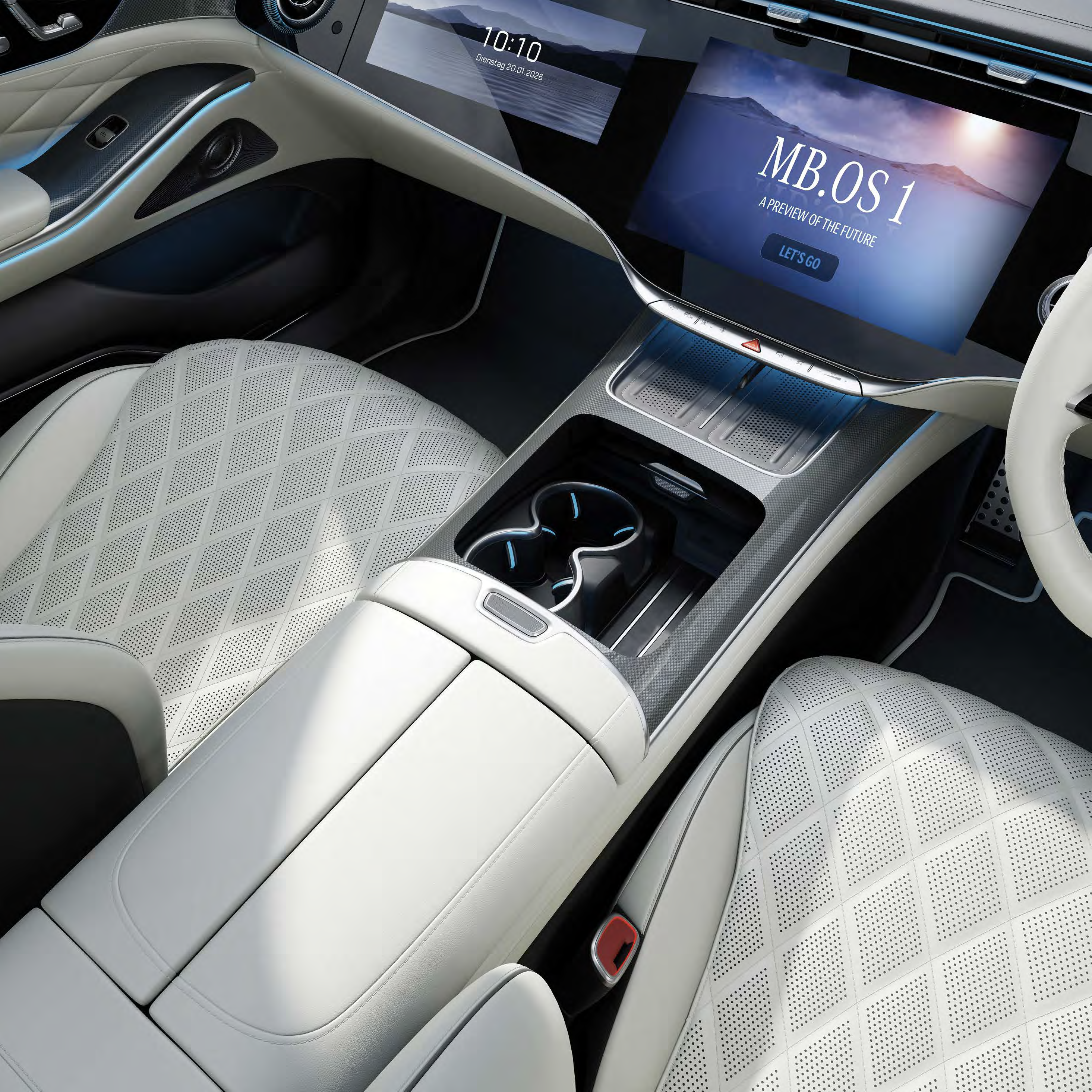 Mercedes-Benz S-Class — Portrait central touchscreen running the MB.OS interface, with illuminated console