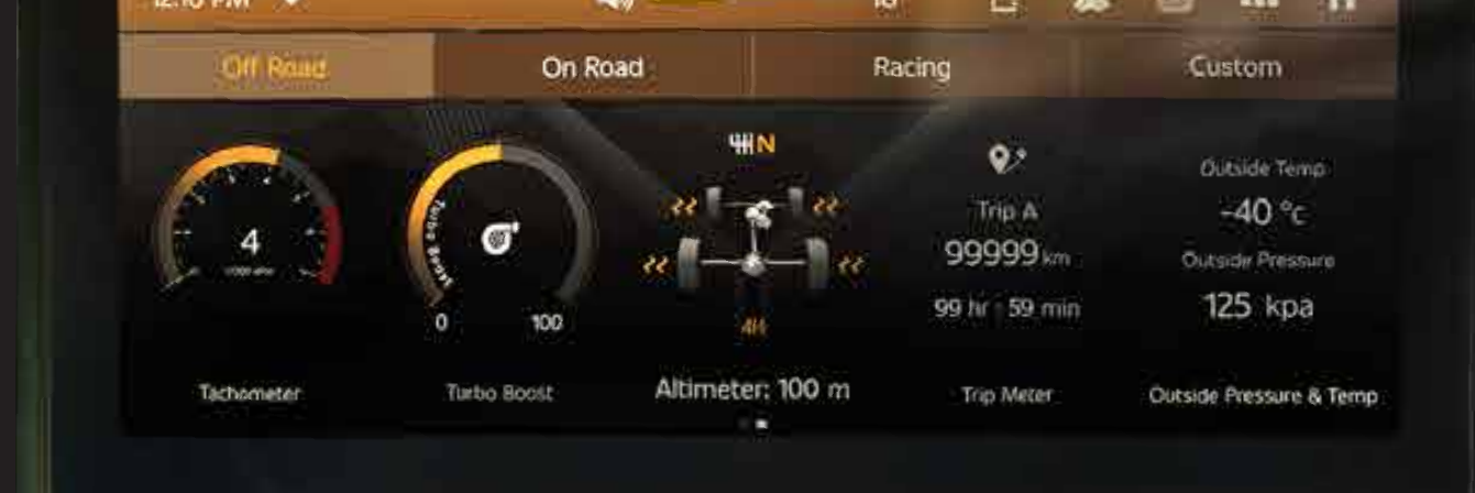 Mahindra Thar — Adventure Statistics Gen II on the touchscreen shows tachometer, turbo boost, altimeter, compass and outside pressure/temperature with off-road drive modes