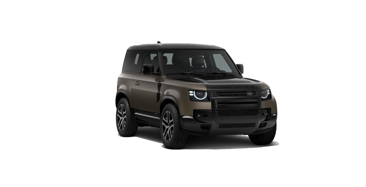 Land Rover Defender — Defender X (90) in Gondwana Stone with a gloss black bonnet and dark diamond-cut alloy wheels, front three-quarter view.