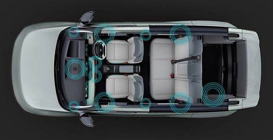 Tata Sierra EV, 12 JBL Black speakers with Dolby Atmos - top-down view of the cabin speaker placement including the Sonicshaft soundbar