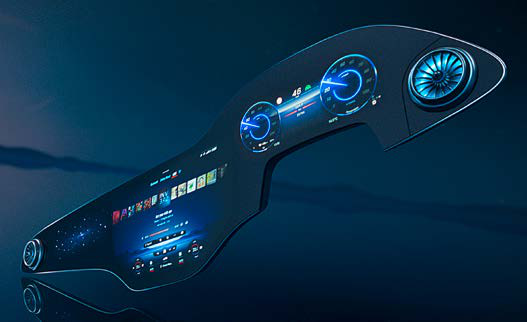Mercedes-Benz EQS — MBUX Hyperscreen — a 56-inch curved span of three high-tech displays