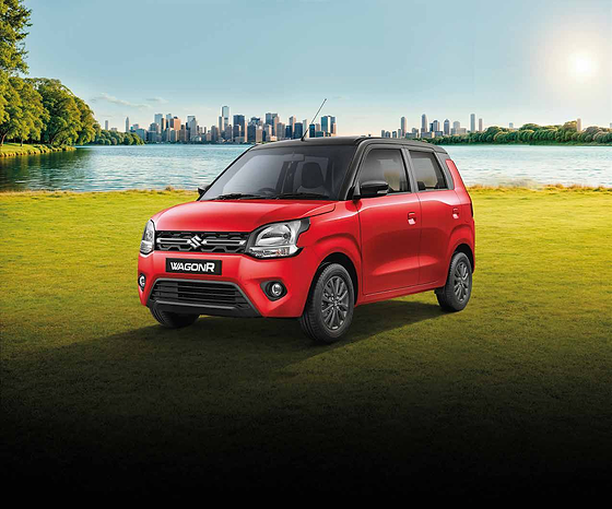 Maruti Suzuki Wagon R, Front three-quarter styling with a wide chrome-slat grille, swept-back headlamps and a dual-tone body with a contrast black roof.