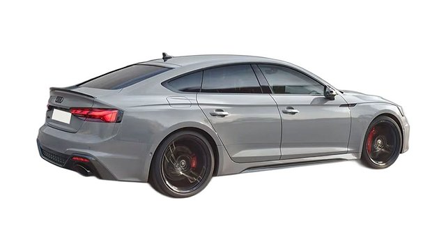Gray four-door sedan with dark wheels and red brake calipers, side view.