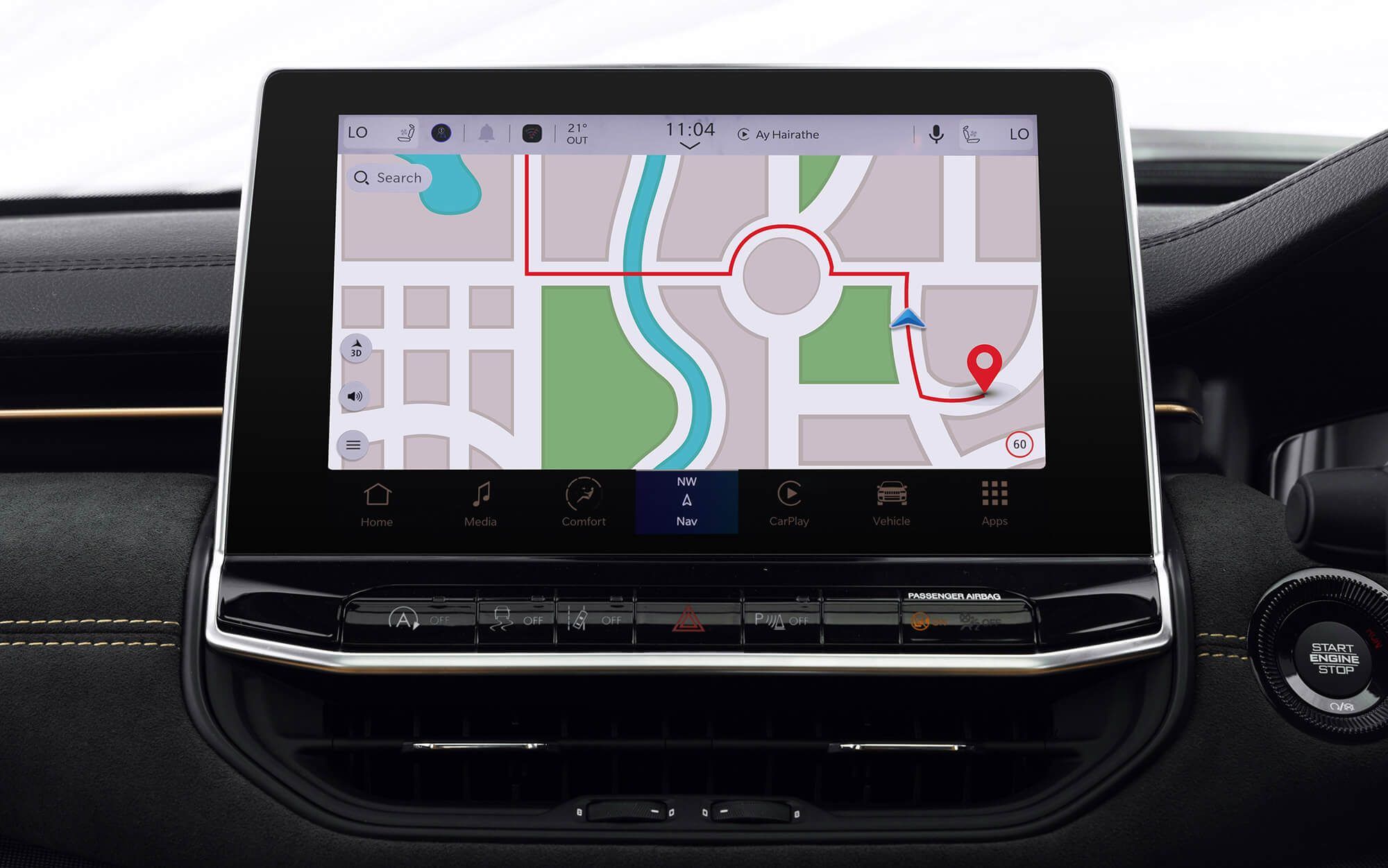 Jeep Meridian — Built-in navigation showing turn-by-turn route guidance on the central touchscreen.