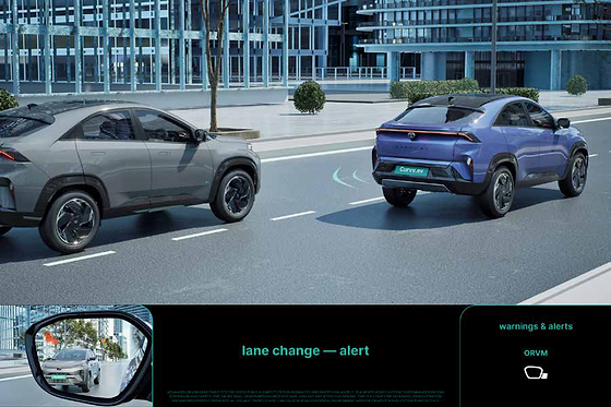 Tata Curvv EV, Lane Change Alert warns of vehicles approaching in the target lane via the ORVM