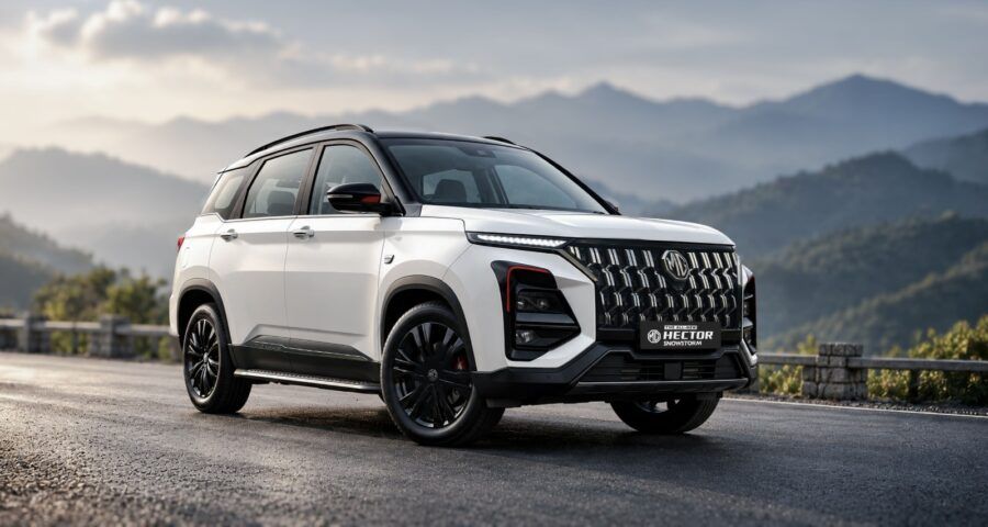 MG Hector, Snowstorm: Pearl White body with a Starry Black roof, piano-black rails and smoked tail lamps