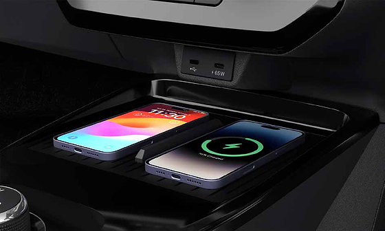 Tata Tiago, Dual smartphone deck holds two devices, with a wireless charger and 65W Type-C fast charging
