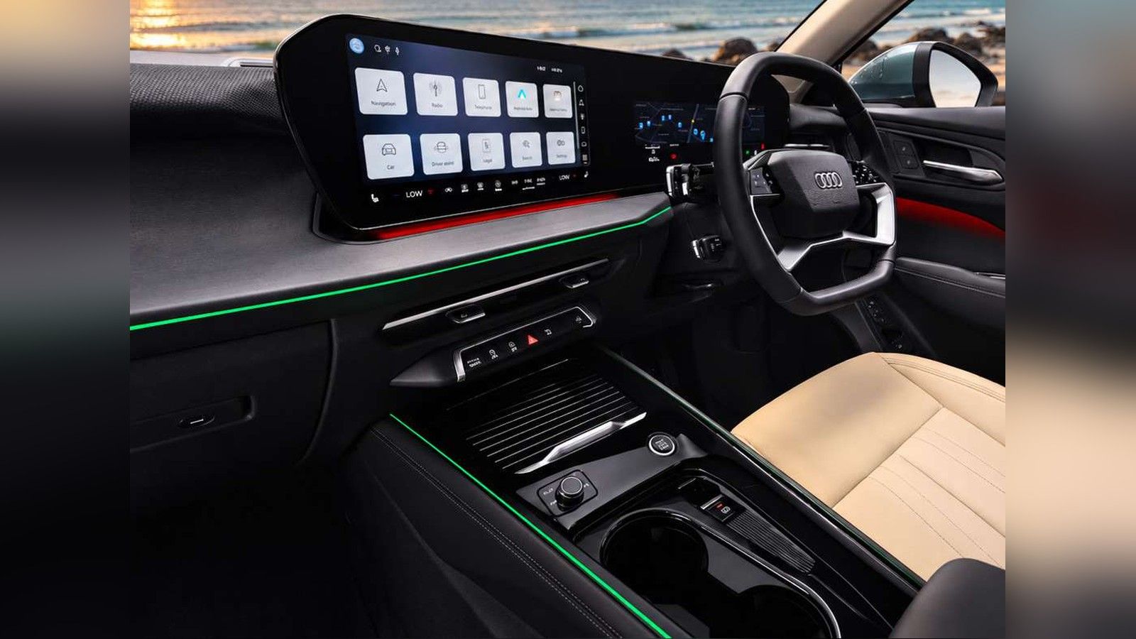 Audi Q3, Curved panoramic display and the new column-mounted gear selector, which frees the centre console for storage