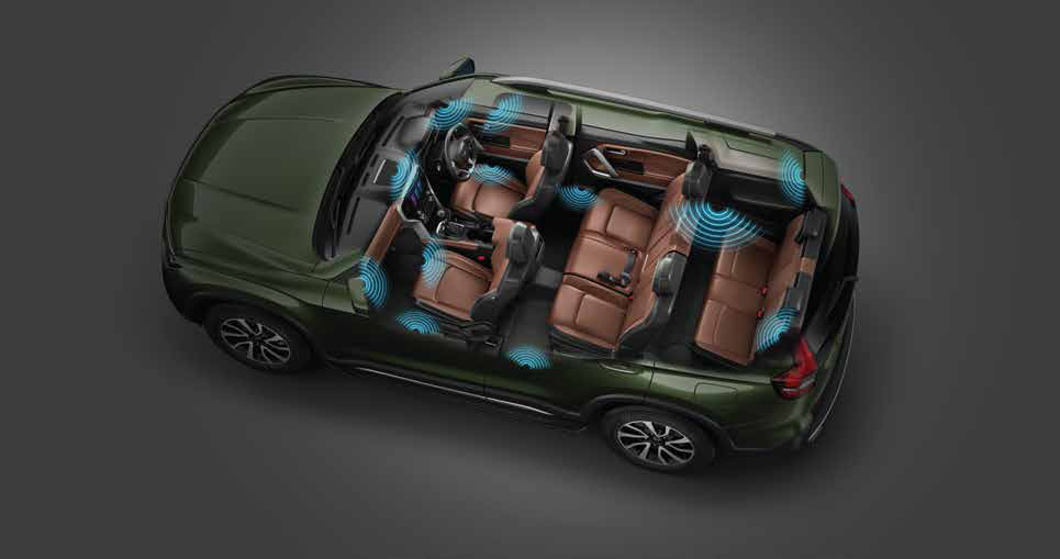 Mahindra Scorpio N — 12 Sony speakers placed with acoustic science for 3D immersive audio