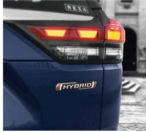 Maruti Suzuki Invicto, “HYBRID” badge beneath the NEXTre LED tail lamp, denoting the Intelligent Electric Hybrid powertrain.