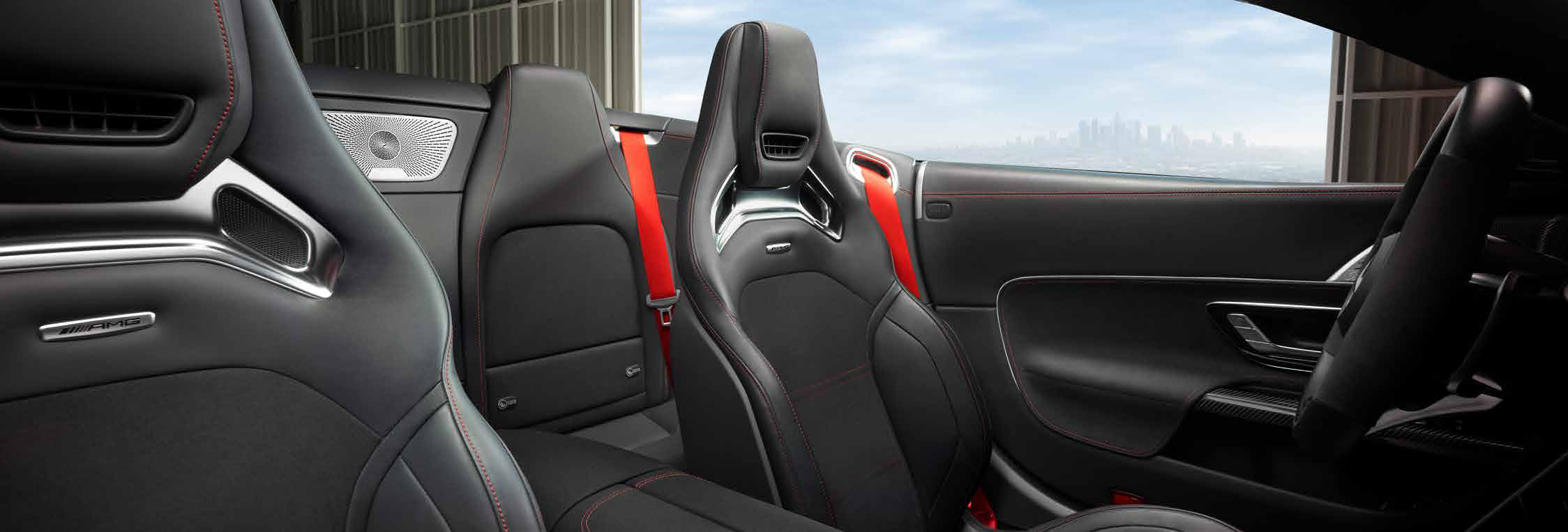 Mercedes-Benz Mercedes-AMG SL 55 Roadster — AMG sports seats in black leather with red contrast stitching and red seatbelts