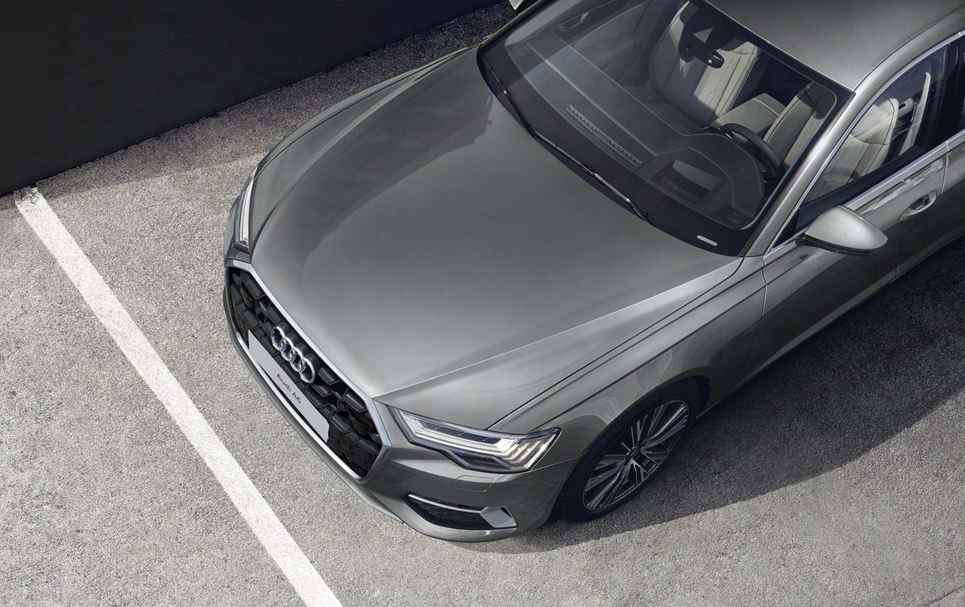 Audi A6 — Matrix LED headlight and honeycomb singleframe grille, seen from above