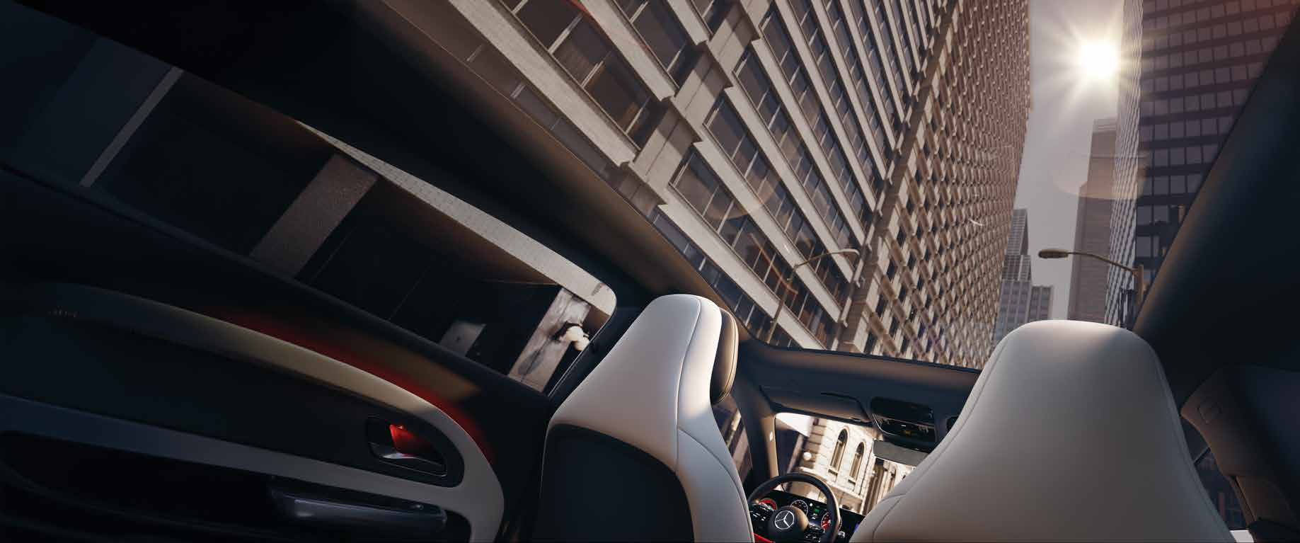 Mercedes-Benz CLA Electric — Panoramic glass roof over the front sport seats.