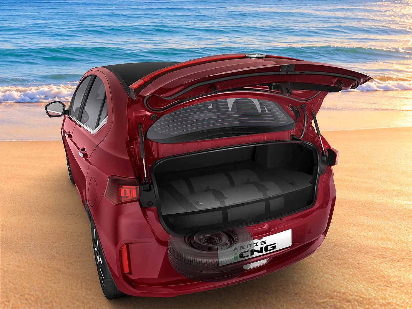 Tata Aeris iCNG with the boot open, twin cylinders packaged under the floor