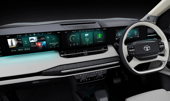 Tata Sierra EV, Horizon View triple-screen layout spans the dash: infotainment, climate/media hub and driver's display