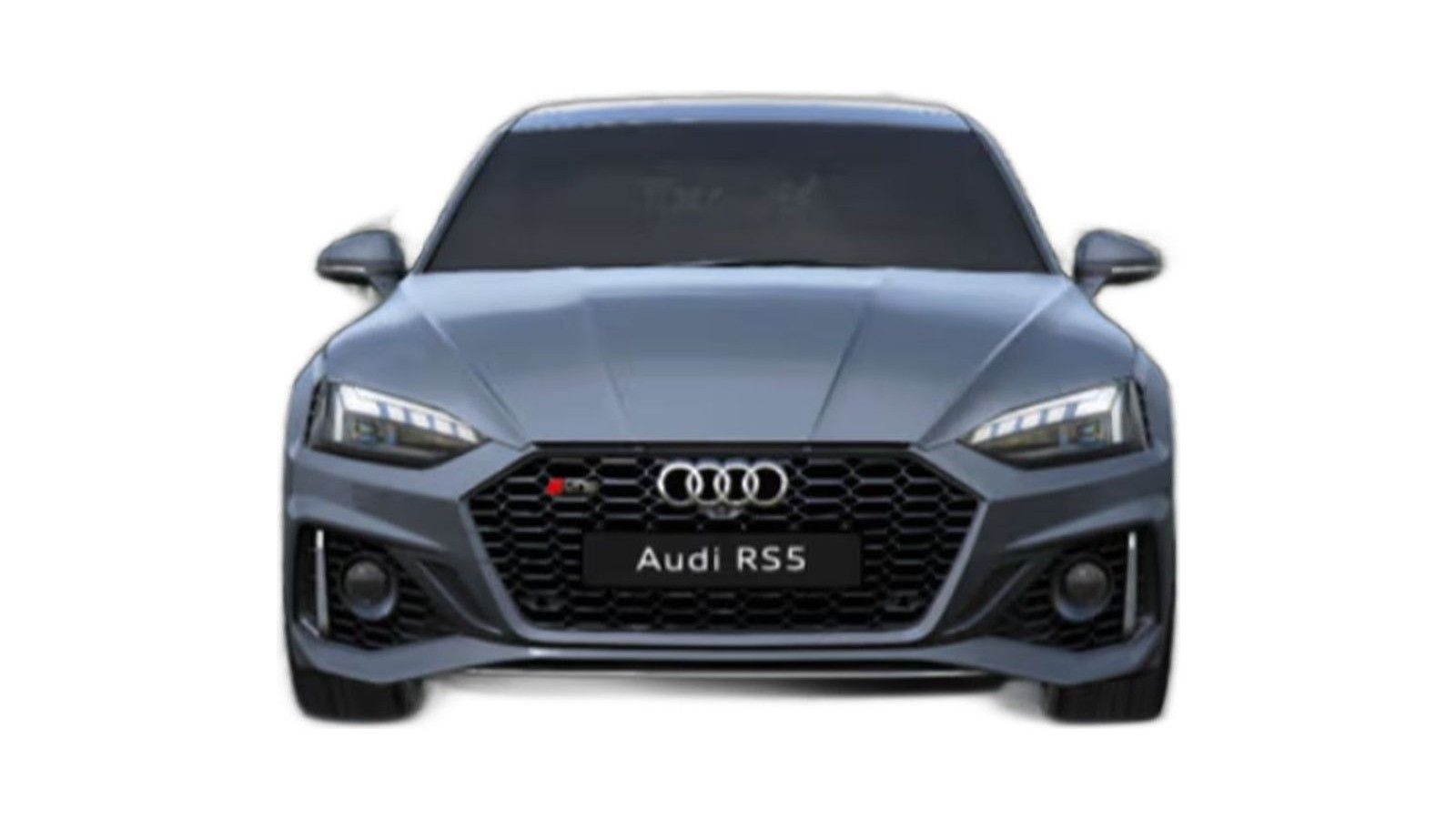 Gray Audi RS5 sedan front view with LED headlights and hexagonal grille against white background.