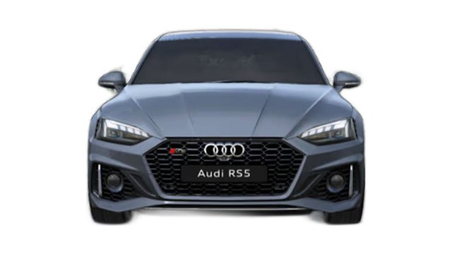 Gray Audi RS5 sedan front view with LED headlights and hexagonal grille against white background.