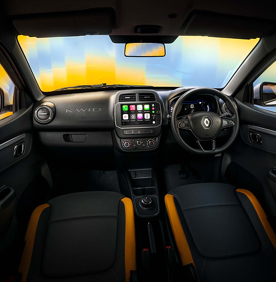 Renault Kwid, Dual-tone cabin with contrast orange seat bolsters, KWID-branded dashboard and a 20.32 cm touchscreen.