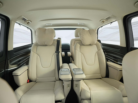 Mercedes-Benz V-Class, Second-row luxury captain seats clad in Silk Beige Lugano leather with alpaca-grey stitching, integrated head cushions and deployable armrests.