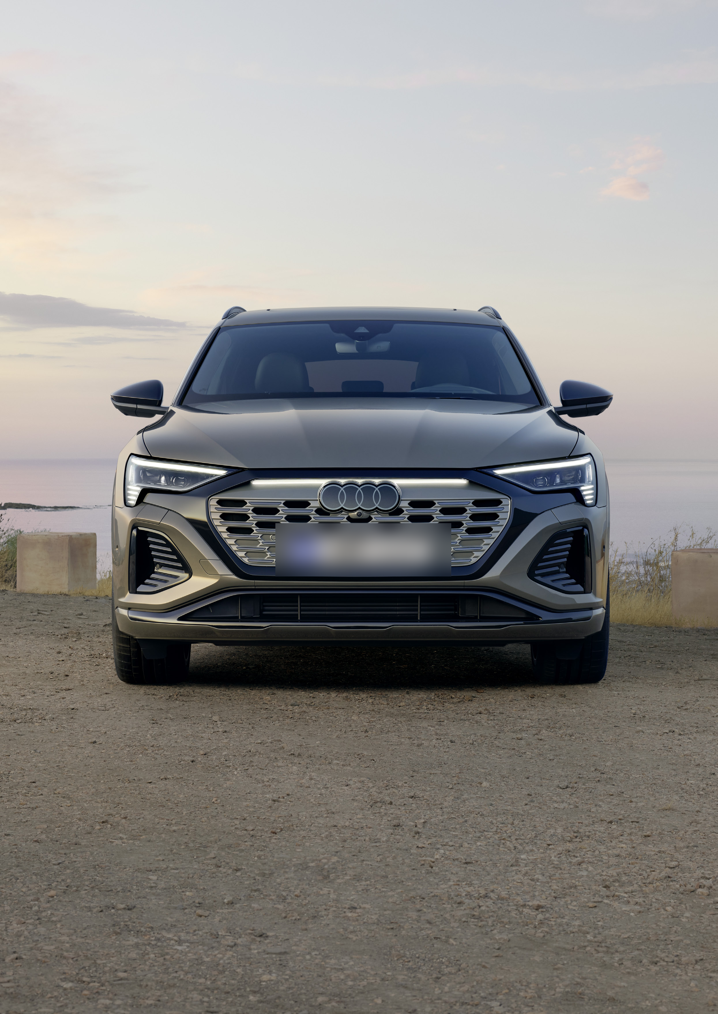 Audi Q8 e-tron — Singleframe grille with a full-width light bar linking the Digital Matrix LED headlights.