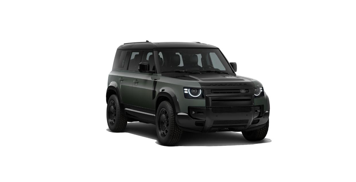 Land Rover Defender — Defender Trophy Edition in Keswick Green with gloss black bonnet, black wheels and all-terrain tyres for off-road duty.