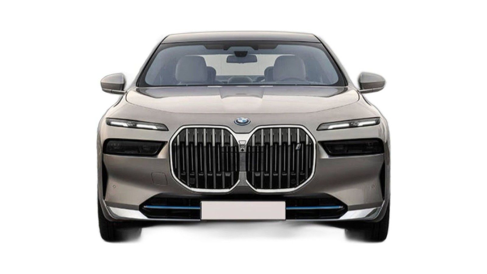 Luxury sedan front view with distinctive dual grilles and LED headlights.