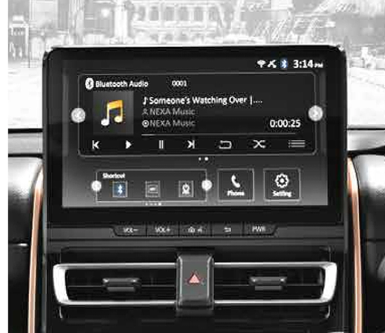 Maruti Suzuki Invicto, SmartPlay Magnum touchscreen infotainment with Bluetooth audio, set above the front AC vents.