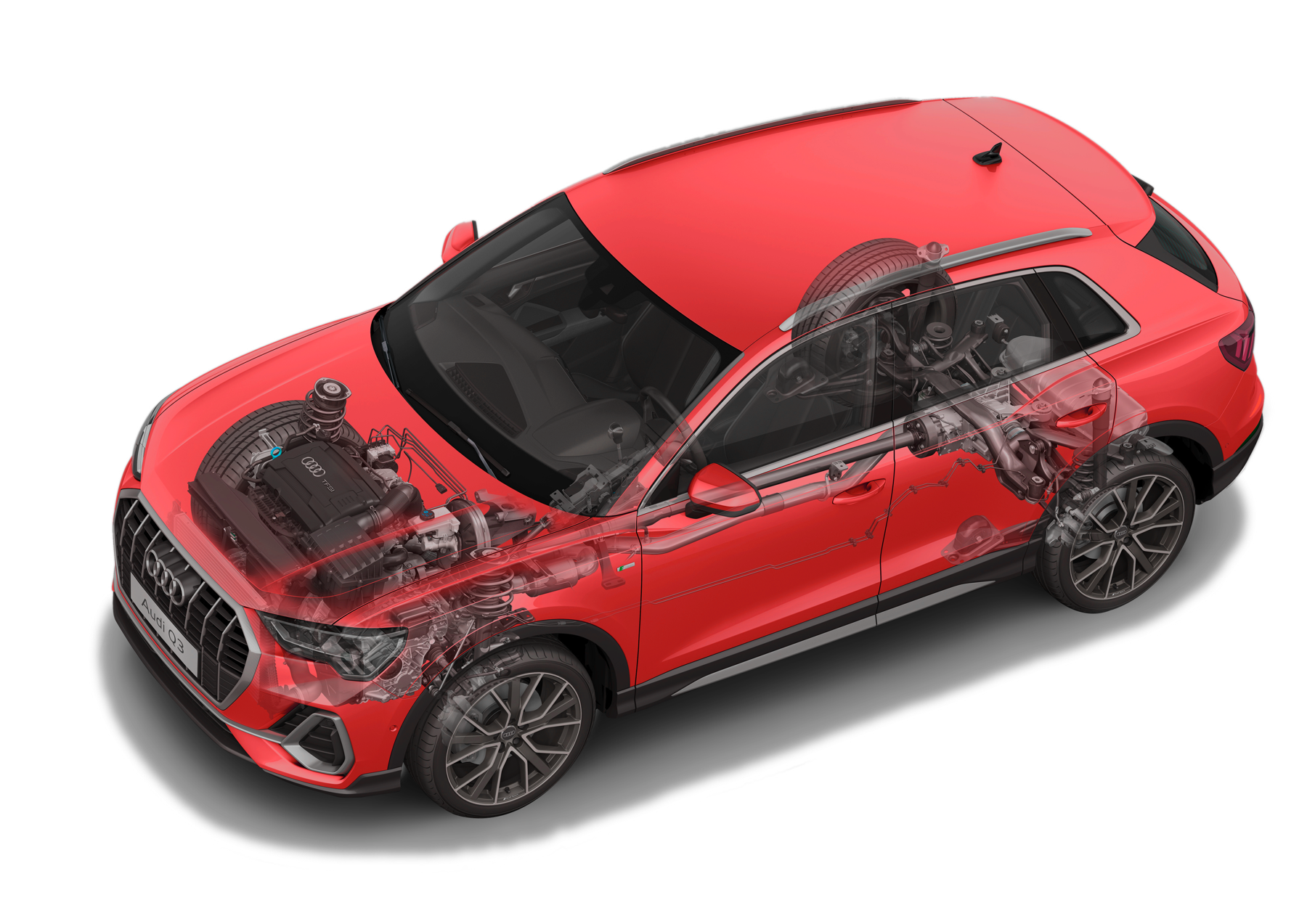 Audi Q3 — Ghosted view of the quattro all-wheel-drive powertrain and drivetrain layout.