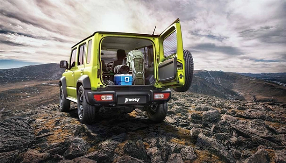 Maruti Suzuki Jimny, Side-hinged rear tailgate swings open to a flat, gear-friendly luggage bay.