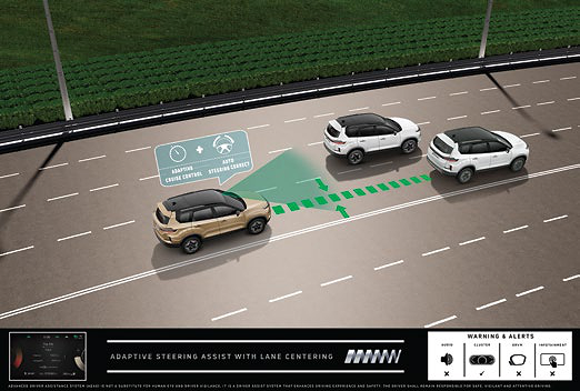 Tata Safari, Adaptive steering assist with lane centering keeps the SUV centred in its lane
