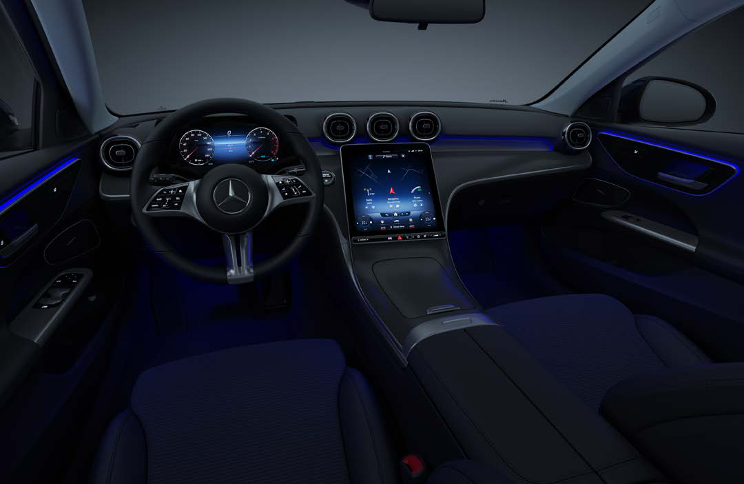 Mercedes-Benz C-Class — Cabin with multicolour ambient lighting across dash and doors