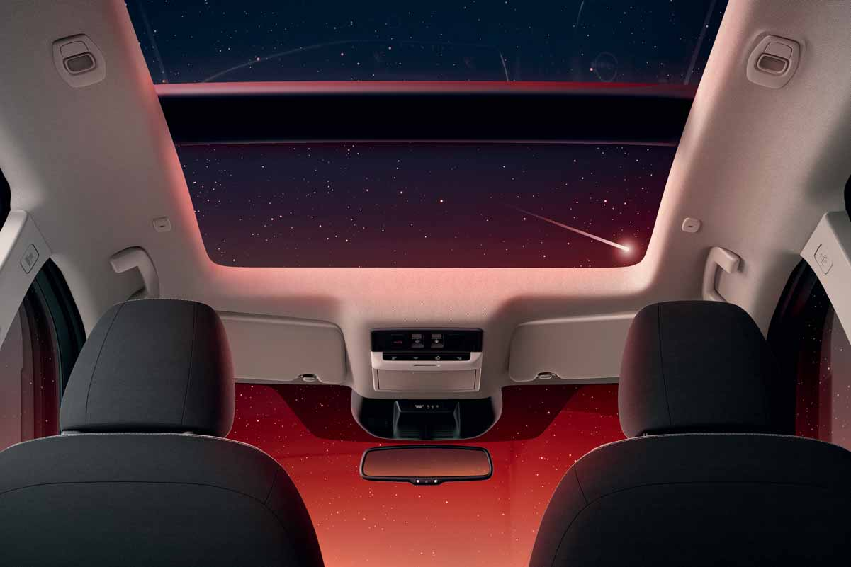 Nissan X-Trail — Panoramic electric sunroof with ambient roof lighting, viewed from the rear seats