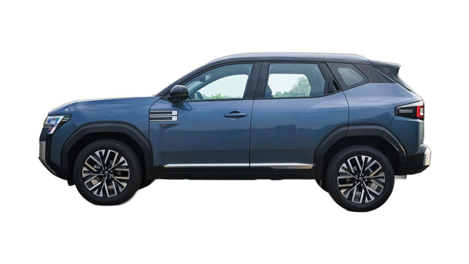 Blue three-row SUV shown in profile view against white background.