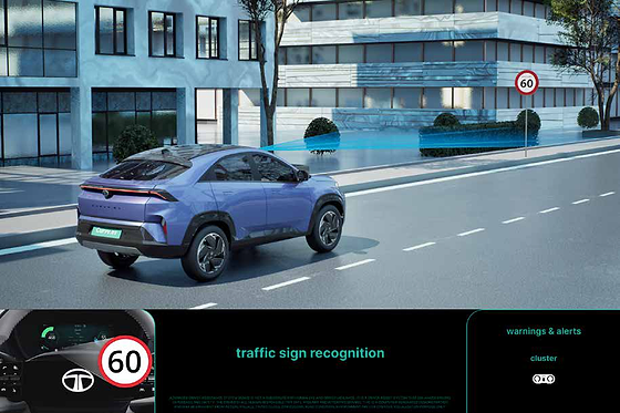 Tata Curvv EV, Traffic Sign Recognition with Over Speed Alert shows the detected limit in the cluster