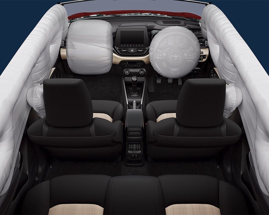 Toyota Glanza, Six airbags standard on every variant: front, side and curtain, shown deployed