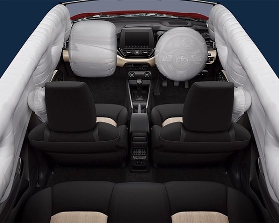 Toyota Glanza, Six airbags standard on every variant: front, side and curtain, shown deployed