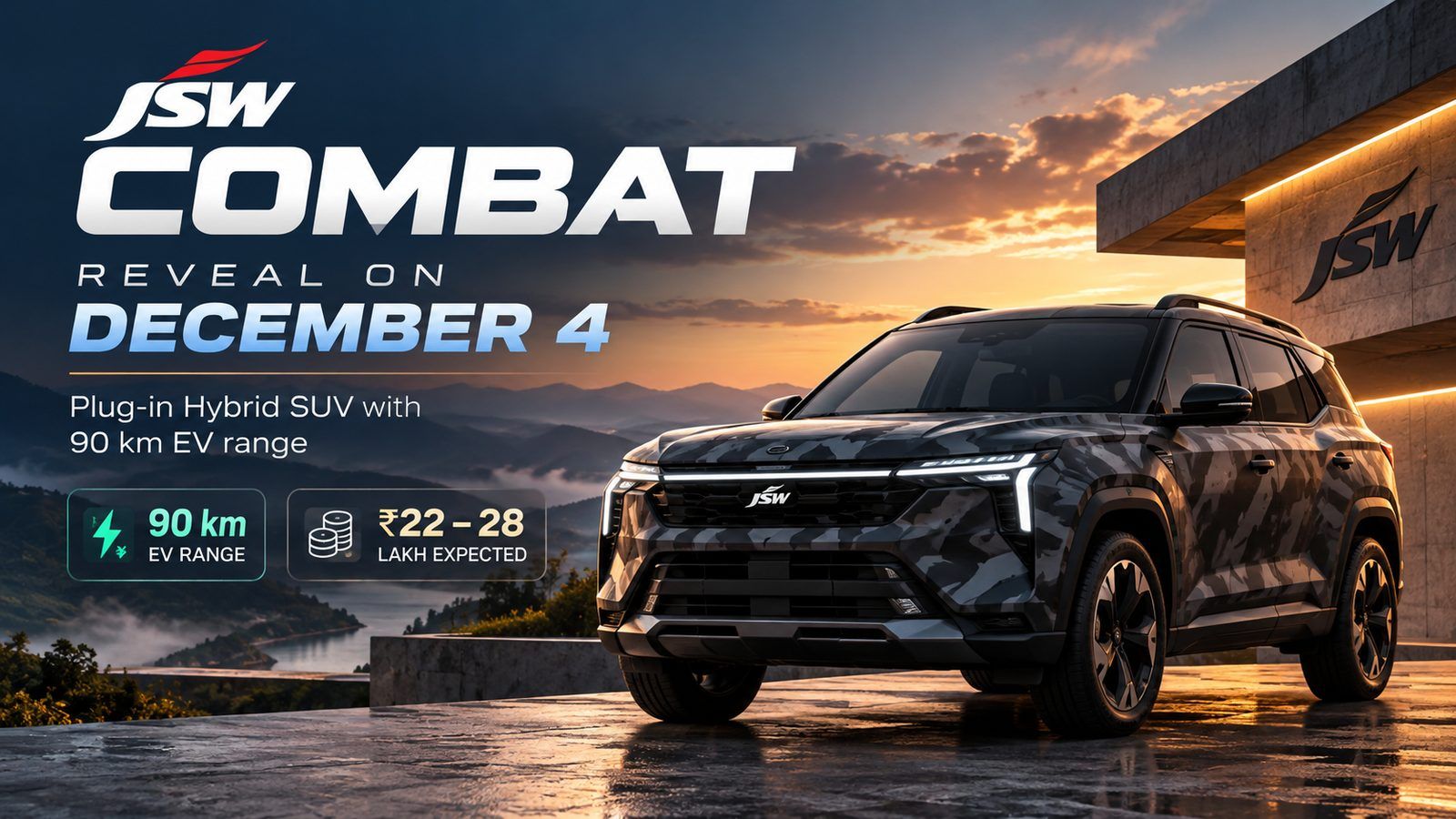 JSW Combat reveal on December 4: plug-in hybrid SUV with 90 km EV range, ₹22–28 lakh expected