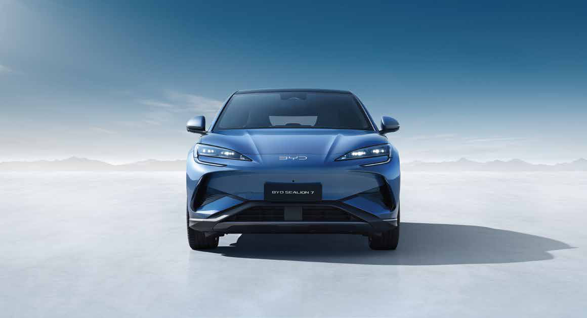 BYD Sealion 7 — Full-width front fascia with Starlit Ocean LED headlights and BYD lettering.