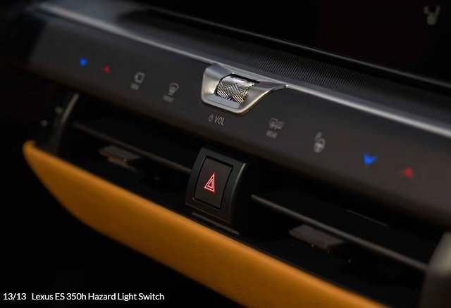 Lexus ES 350h dashboard control panel with hazard light switch and indicator lights.