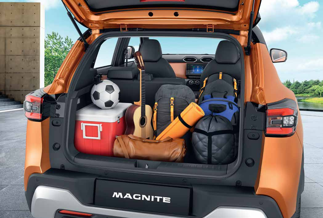 Nissan Magnite — Expandable boot swallowing luggage; 336L extendable to 690L with the rear seats folded.