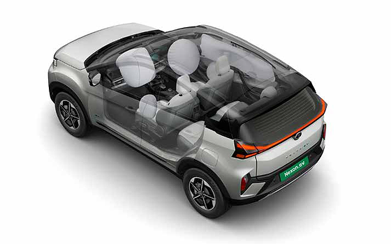 Tata Nexon EV, 6 airbags - dual front, side and curtain airbags shown in cutaway view