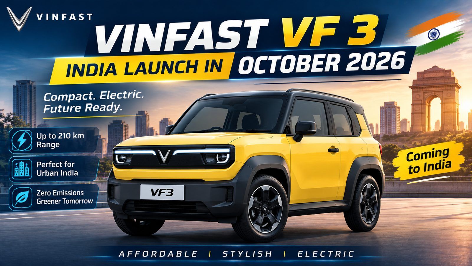 VinFast VF 3 India launch in 2026: ₹6–10 lakh micro-EV with ~210 km claimed range