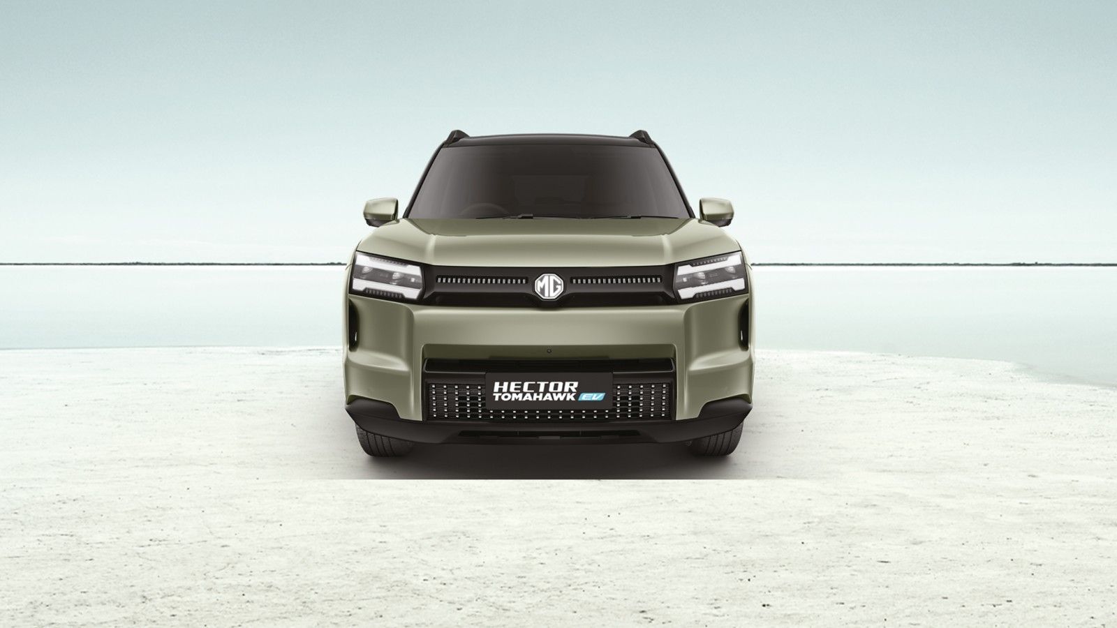 MG Hector Tomahawk EV — Closed EV grille with Beacon LED projector headlamps and a full-width light bar