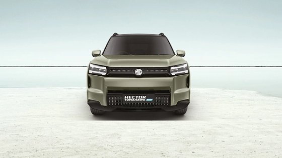 MG Hector Tomahawk EV, Closed EV grille with Beacon LED projector headlamps and a full-width light bar