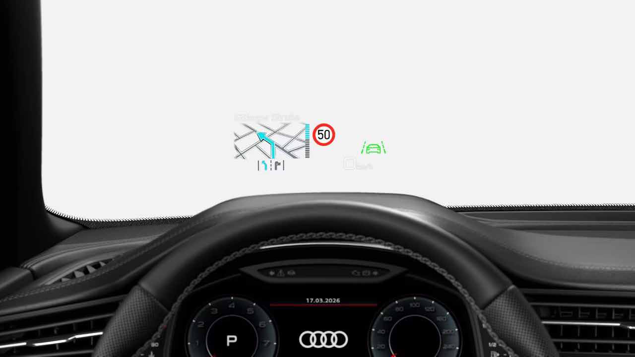 Audi SQ8 — Colour head-up display projecting navigation and speed onto the windscreen.