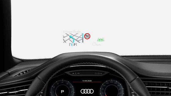 Audi SQ8, Colour head-up display projecting navigation and speed onto the windscreen.